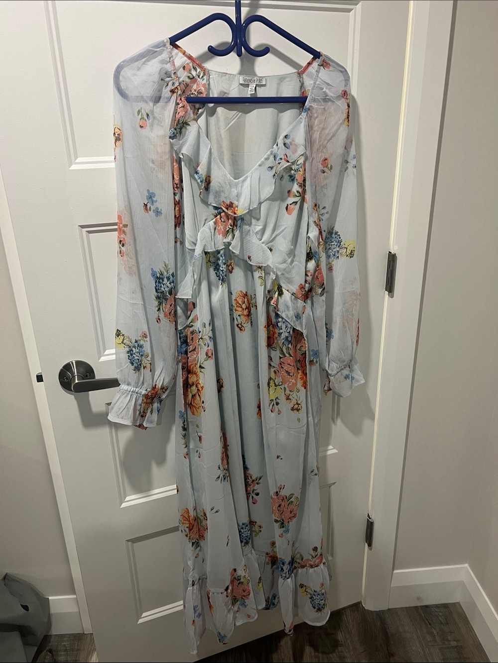 Patrons of Peace Light Blue Floral Ruffle Maxi Dress